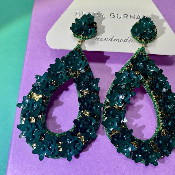 NWT Deepa Gurnani Anthro Beaded Crystal Flower Statement Earrings Forest Green - Picture 7 of 14